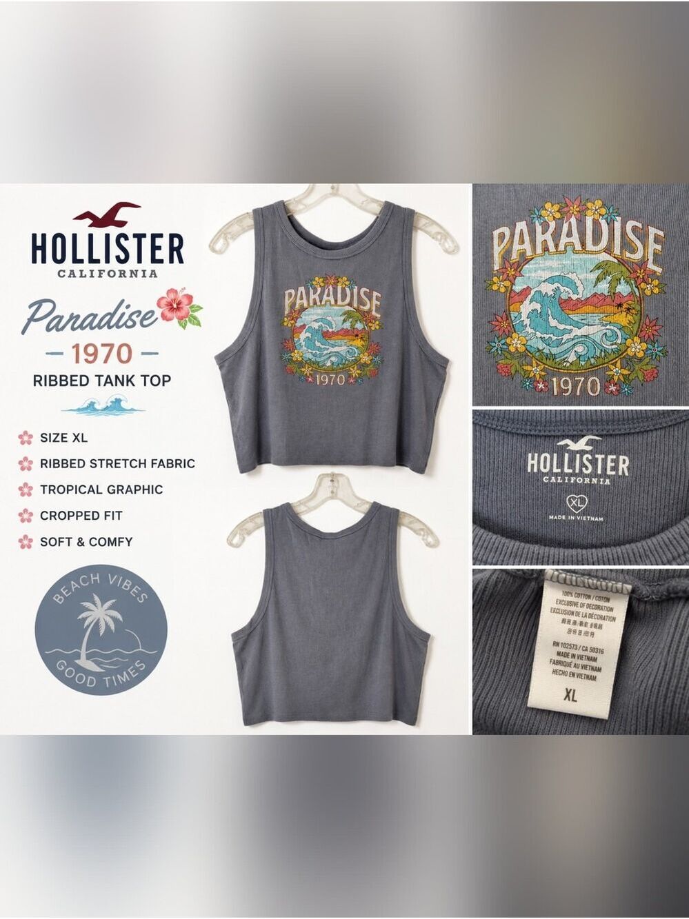 Hollister Paradise 1970 Ribbed Cropped Tank Top Gray Graphic Beach Tropical XL